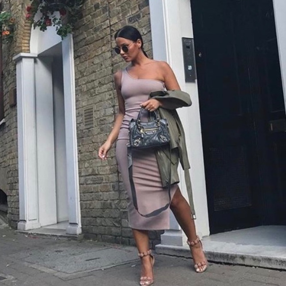 SLNGHR Taupe One Shoulder Dress